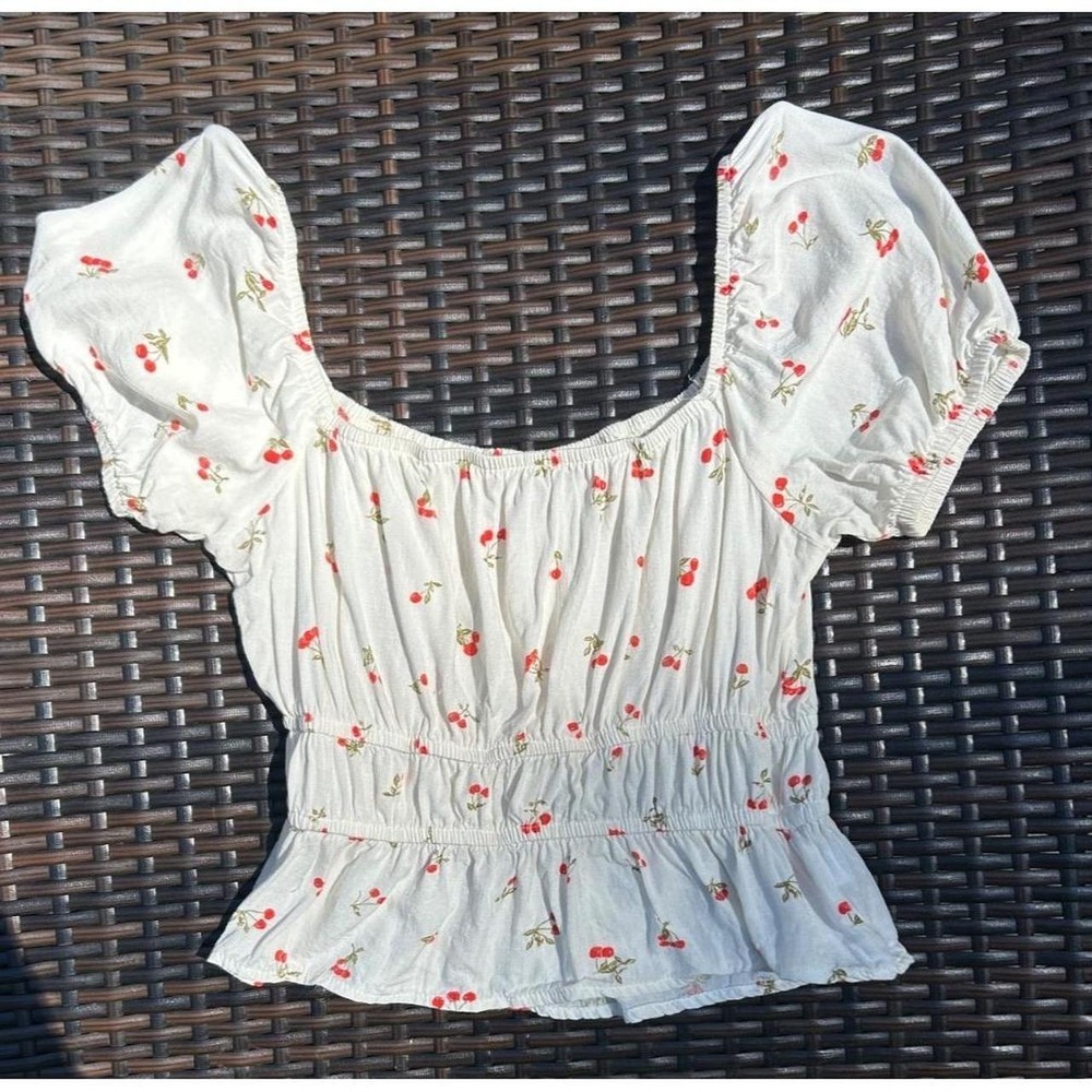 SO Womens White Cherry Print Smocked Shirt Puff Sleeve Off Shoulder Top Small